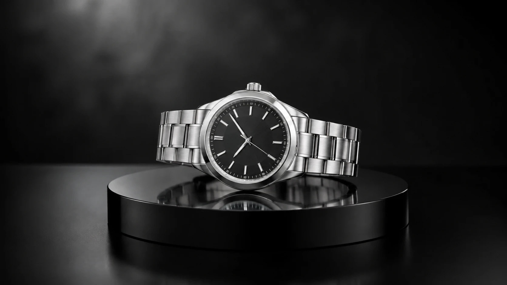 Reloj Aurel de acero con esfera negra, visto de frente