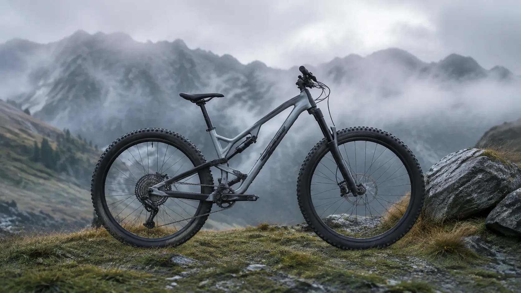 Ladera de montaña con niebla y pastizal, sin la bicicleta